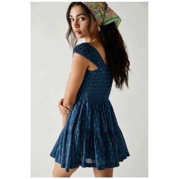 Free People | Dresses | Free People Sweet Annie Mini Dress Small Aqua Blue  Smocked Fit Flare | Poshmark